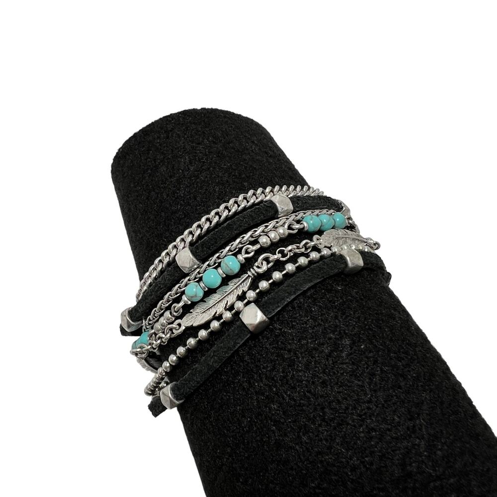 LUCKY BRAND Black Leather Multi Strand Bracelet Turquoise Beads Feather Boho